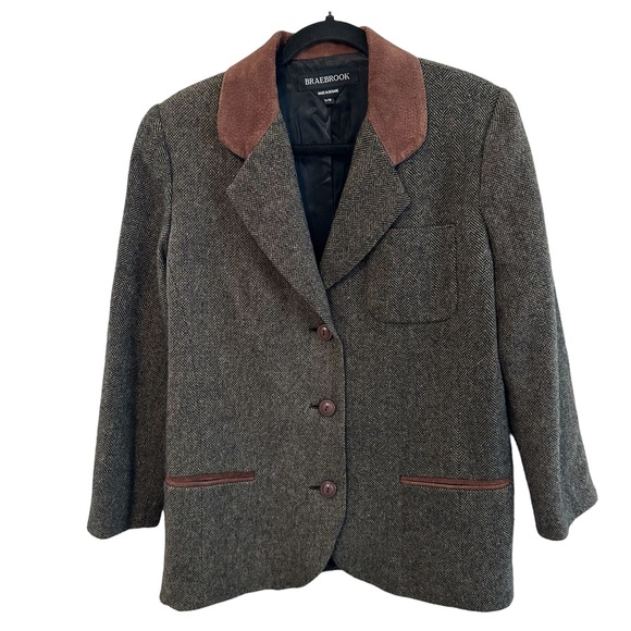 90's vintage Wool Blazer Tweed Brown Leather Trim Riding Jacket Women’s M/L - Picture 1 of 12